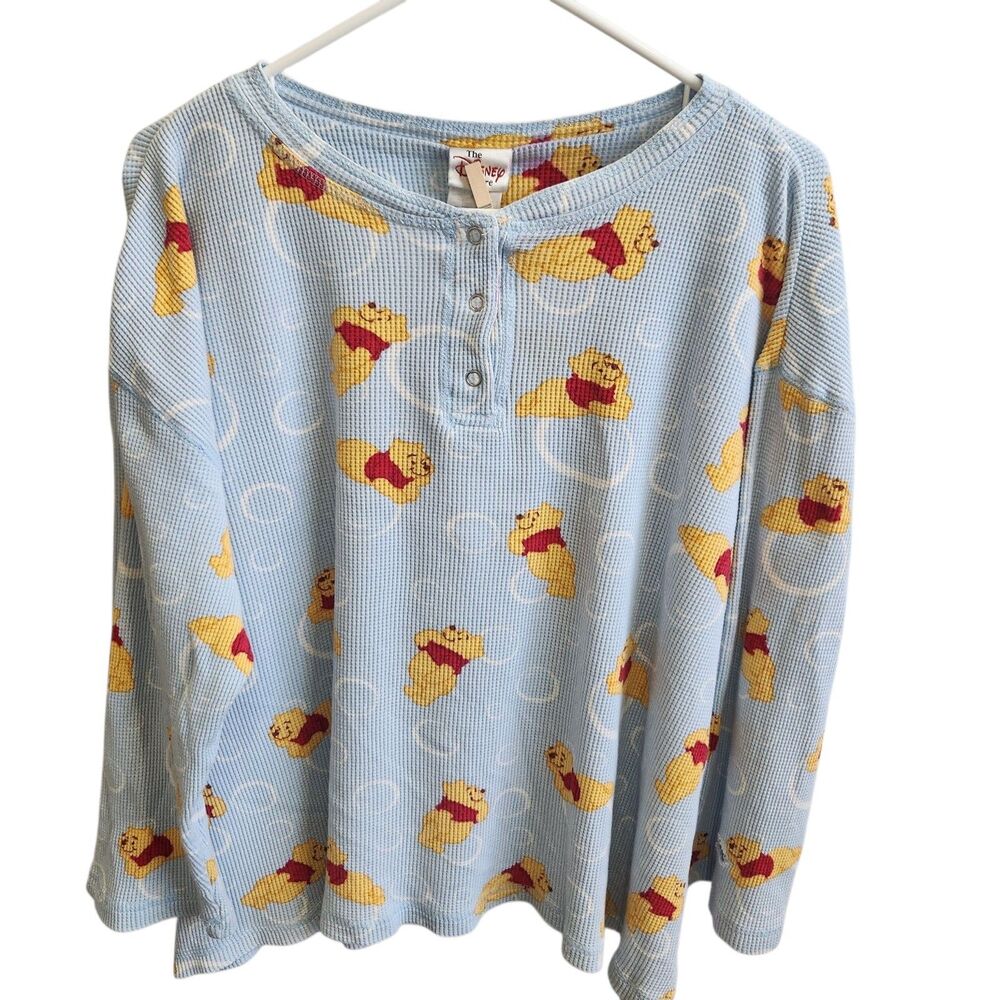 VTG-90/Y2K Disney Store Winnie the Pooh AOP Waffle Thermal Henley Tee-XL-Kidcore